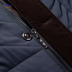 Close-up detail of jacket zipper and stand-up collar construction.