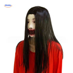 Japanese horror mask with closed bloody mouth and scary expression.