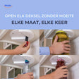 Under-cabinet jar and bottle opener mounted on kitchen cabinet door.