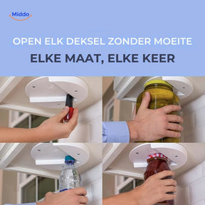 Under-cabinet jar and bottle opener mounted on kitchen cabinet door.