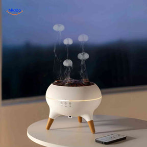 Jellyfish diffuser in evening mode with remote control for easy operation.