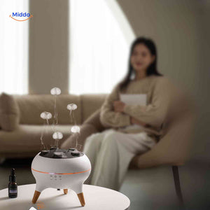 Cozy jellyfish diffuser in living room dispersing aromatic mist throughout space.