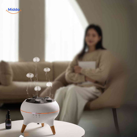 Cozy jellyfish diffuser in living room dispersing aromatic mist throughout space.