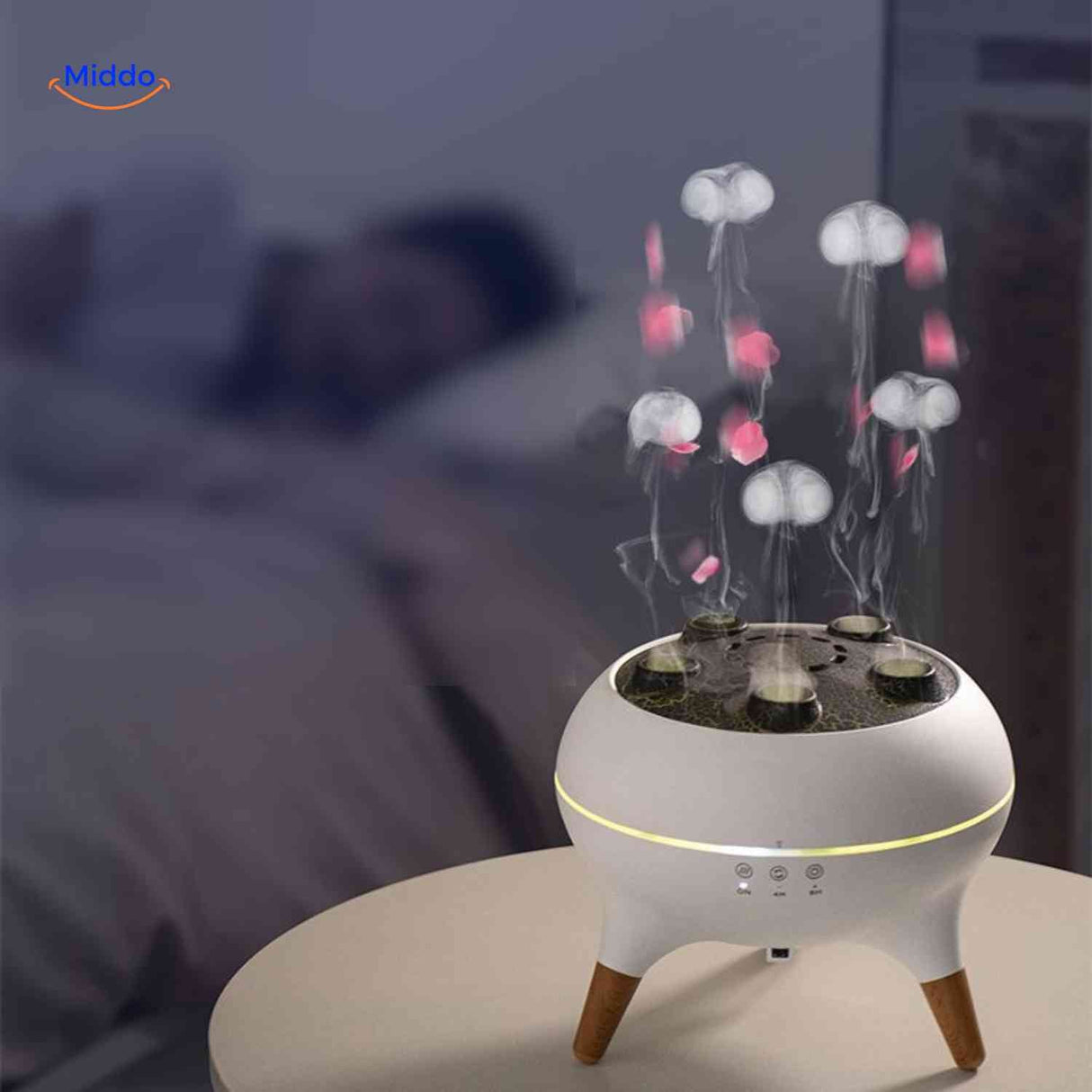 Jellyfish aroma diffuser at night with warm steam and ambient light effects.
