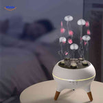 Jellyfish aroma diffuser at night with warm steam and ambient light effects.