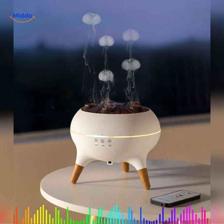 Jellyfish diffuser with remote control featuring stylish ambient lighting.