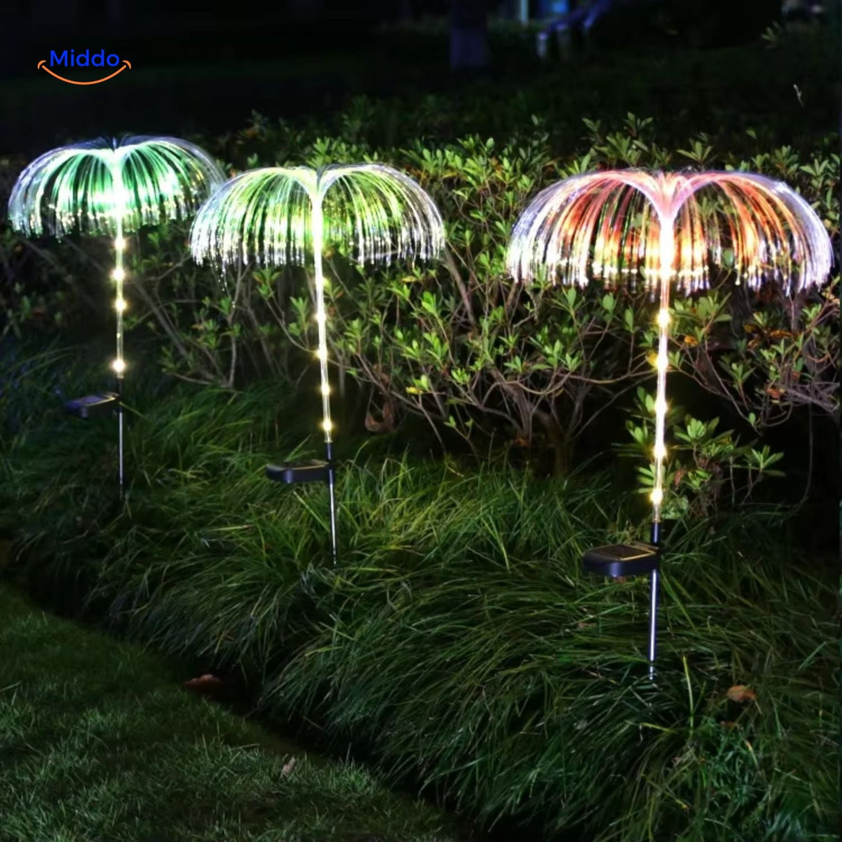 JellyGlow solar garden light displaying green and pink color-changing lamp effects