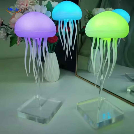 JellyGlow jellyfish lamp on bedside table with LED illumination.