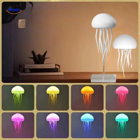 JellyGlow jellyfish lamp on desk with color-changing LED effects.