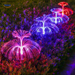 JellyGlow solar jellyfish garden light cycling through pink, blue, and red color modes