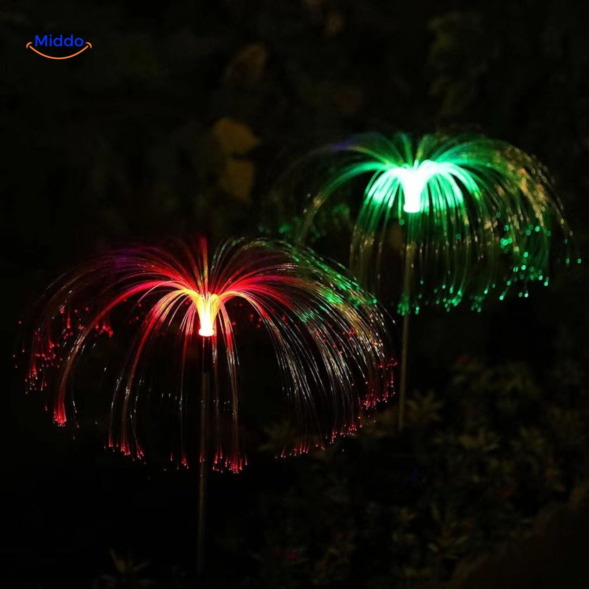 JellyGlow solar jellyfish light switching between red and green color-changing modes