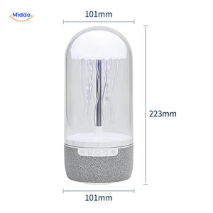 JellyGlow speaker full view with dimensions and measurements labeled in millimeters.
