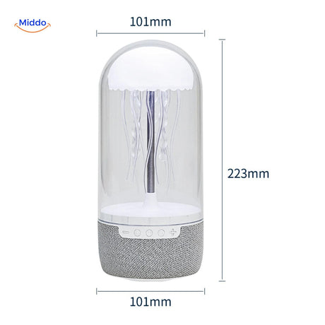 JellyGlow speaker full view with dimensions and measurements labeled in millimeters.