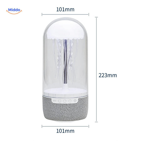 JellyGlow speaker full view with dimensions and measurements labeled in millimeters.