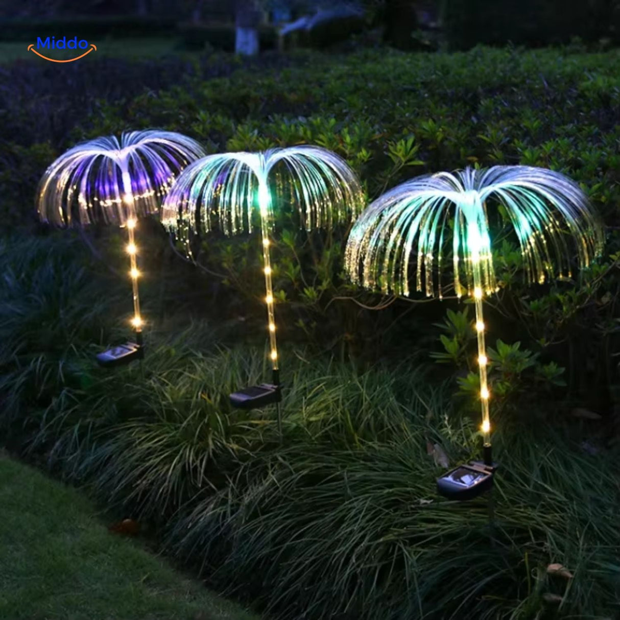 JellyGlow fiber optic jellyfish light displaying white and blue color-changing illumination