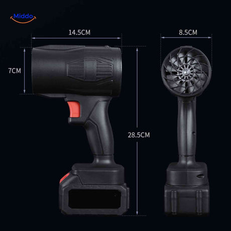 Lightweight portable jet blower fits compact dimensions for easy storage.