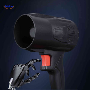 Cordless portable blower features ergonomic grip and one-button operation.