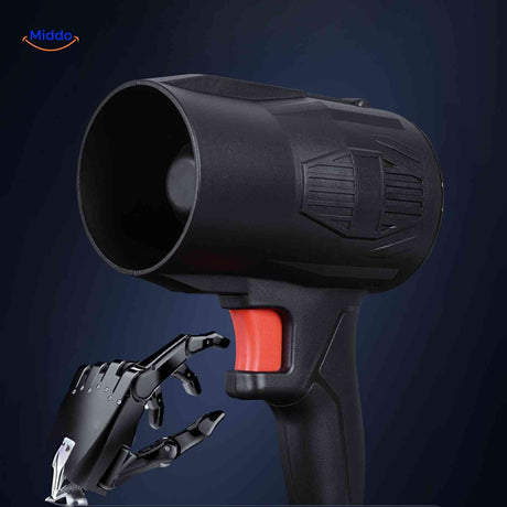 Cordless portable blower features ergonomic grip and one-button operation.