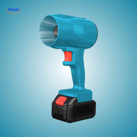 Cordless jet blower in blue delivers high-speed air output for fast drying.