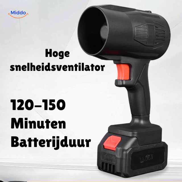 Cordless jet blower removes leaves from outdoor stairs with powerful wind stream.