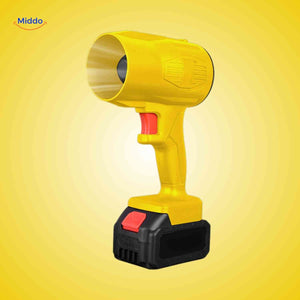 Battery-powered cordless air dryer in vibrant yellow with quick-charge capability.