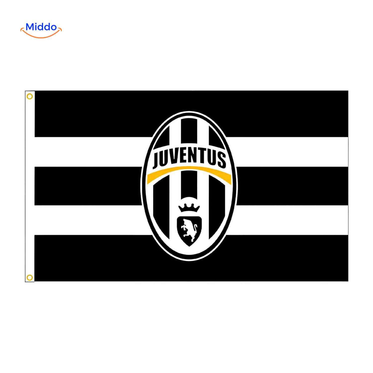 Juventus black and white striped flag featuring iconic club branding.