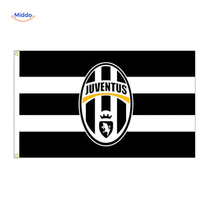 Juventus black and white striped flag featuring iconic club branding.