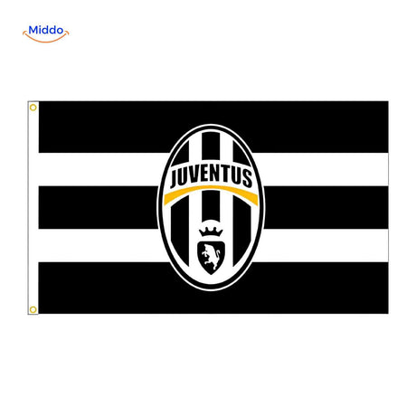 Juventus black and white striped flag featuring iconic club branding.