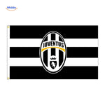 Juventus black and white striped flag featuring iconic club branding.