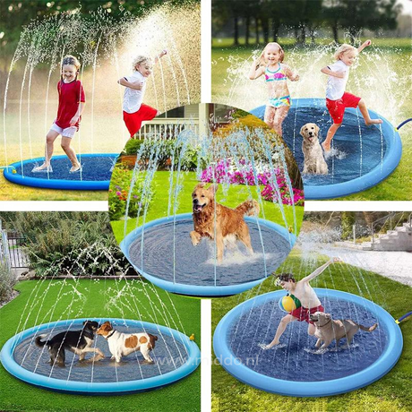 Children and dogs playing together on water sprinkler mat