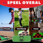 Kids golf play mat displayed on beach and in backyard home settings.