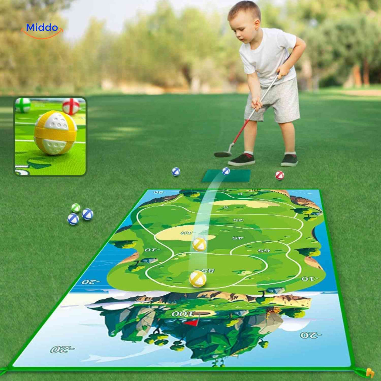 Kids golf training set with practice mat and learning accessories.