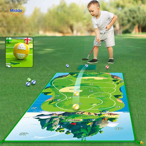 Kids golf training set with practice mat and learning accessories.