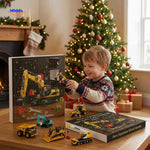 Children excitedly opening toy construction vehicles from calendar.
