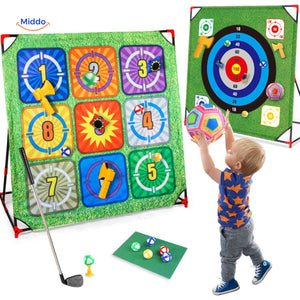 Child playing with golf balls and targets in outdoor setting.