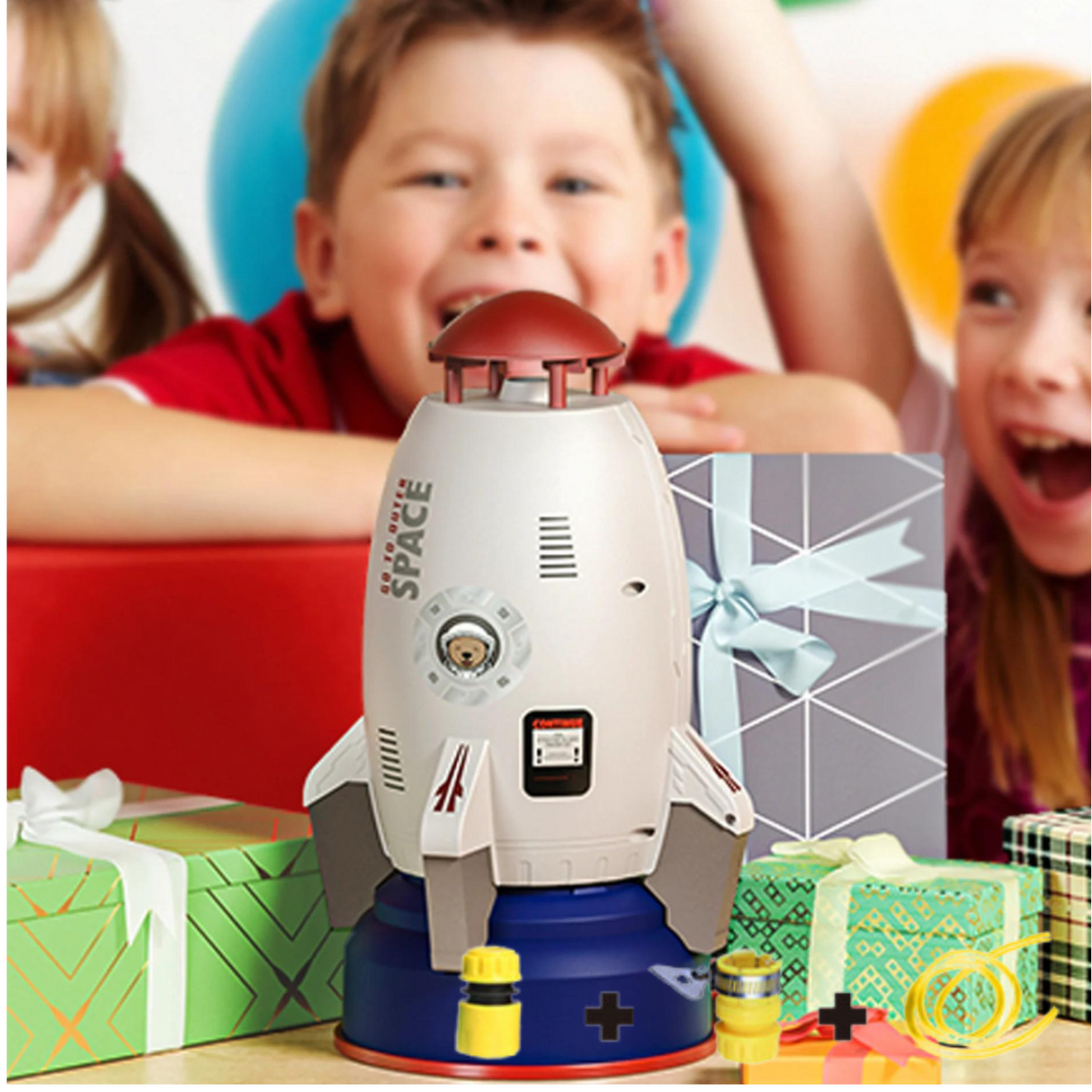 Children enjoying outdoor water play with the SplashRocket sprinkler toy.