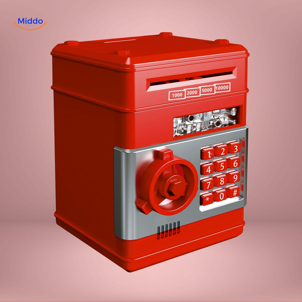 Pink kid-friendly ATM savings bank with secure code lock and protective design.