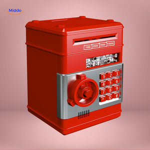 Pink kid-friendly ATM savings bank with secure code lock and protective design.