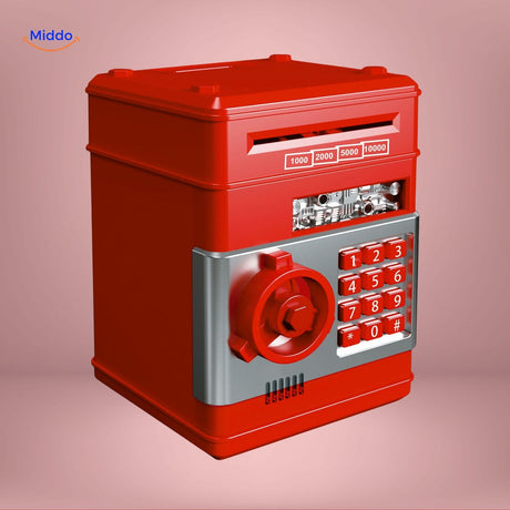 Pink kid-friendly ATM savings bank with secure code lock and protective design.