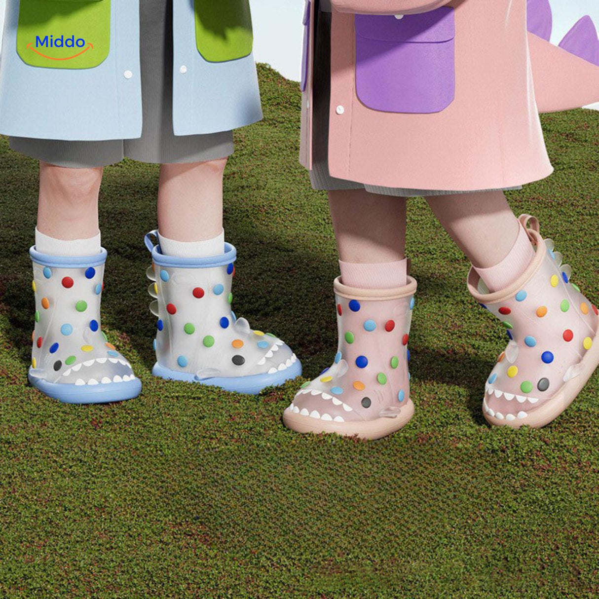 Children wearing shark rain boots styled with colorful rain jackets on outdoor terrain.