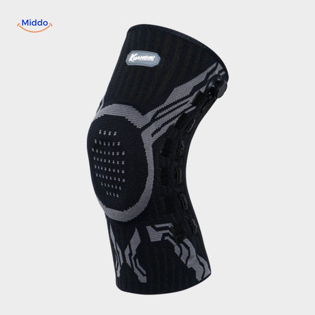 Black FlexiGuard knee brace with anatomical fit for all-day comfort.
