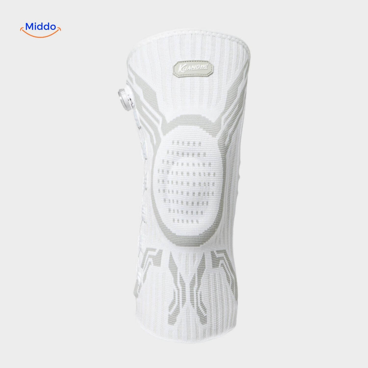 White FlexiGuard knee brace featuring anatomical design for natural movement.