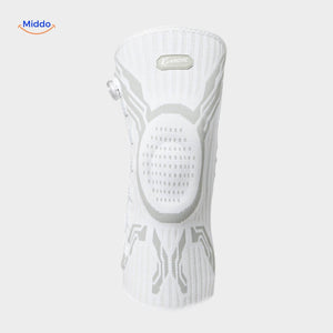White FlexiGuard knee brace featuring anatomical design for natural movement.