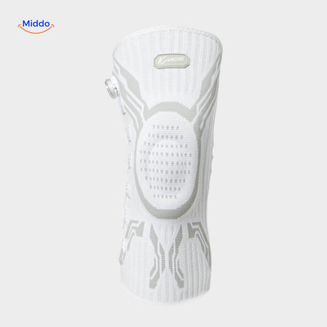 White FlexiGuard knee brace featuring anatomical design for natural movement.