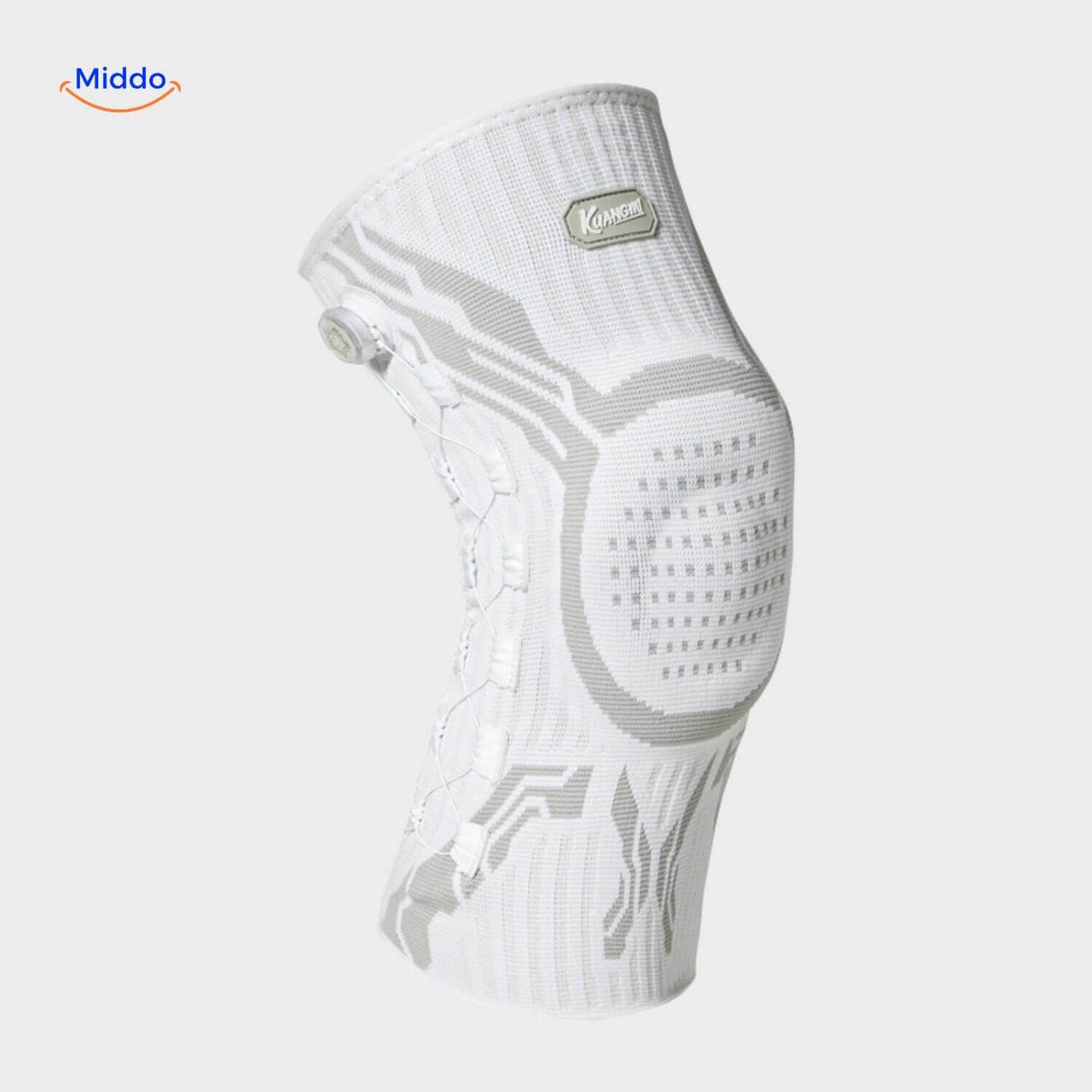 White FlexiGuard knee brace with integrated stabilization supports.