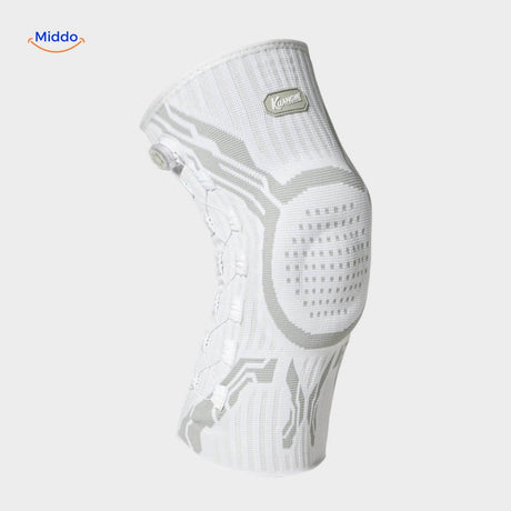 White FlexiGuard knee brace with integrated stabilization supports.