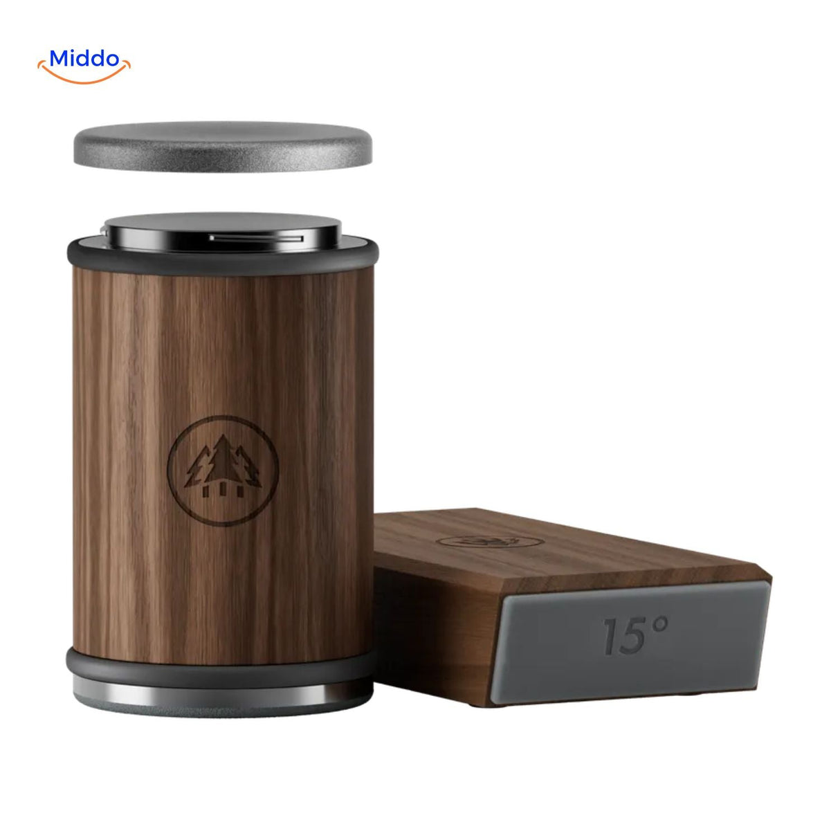 Knife sharpener with wooden design and closed protective lid for storage.