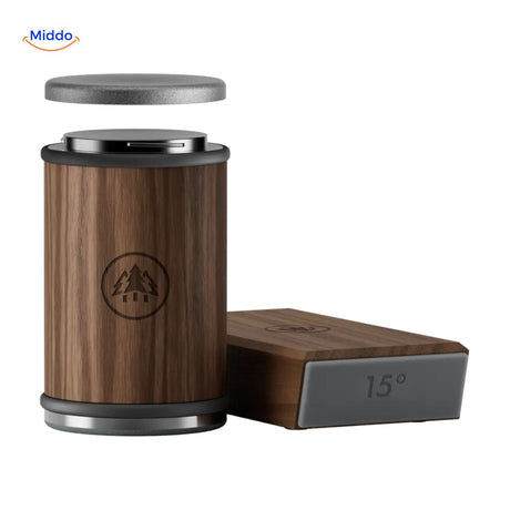 Knife sharpener with wooden design and closed protective lid for storage.