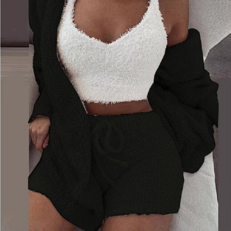 3-piece knit comfy set in black, stylish knit loungewear and streetwear for women.