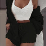 3-piece knit comfy set in black, stylish knit loungewear and streetwear for women.
